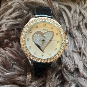 Kensie Silver Glitter Heart Women’s Watch Black Patent Band Jeweled Round Face